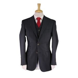 Paul Stuart Charcoal Gray w/ Blue Stripes 3-PIece Loro Piana 120's Wool Suit 36S